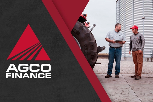 AGCO Finance logo with two men reviewing documents beside a tractor near a grain bin