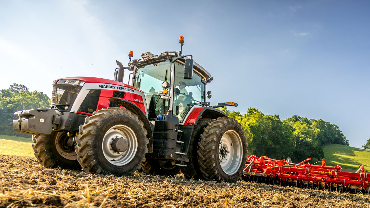 Massey Ferguson 8S Series tractor pulling Sunflower tillage equipment, built for power, precision, and field productivity.