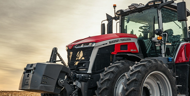 Close up of Massey Ferguson 9S Series high-horsepower tractor front quarter view.