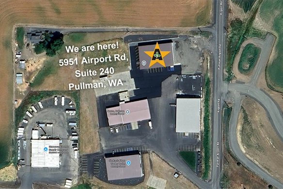 Aerial map showing Agri-Service’s Pullman, WA location at 5951 Airport Rd, Suite 240, marked with a yellow star